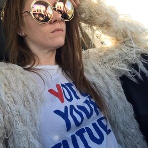 Alice + Olivia White Tee with Blue and Red Print